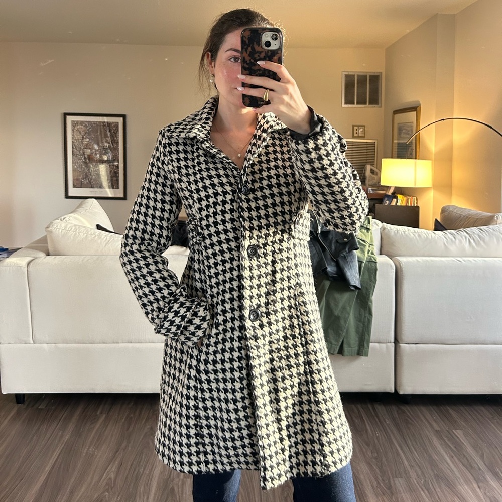 Poetry Houndstooth Long Sleeve Coat Dress - Black & White
